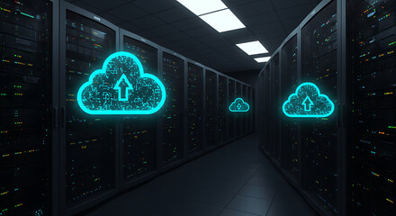 Cloud Storage Visualization: A high-tech server room with a sense of data transfer featuring glowing cloud icons.