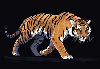 Majestic tiger walking with a fierce and determined expression, showcasing its powerful muscles and striking stripes in a dark background.