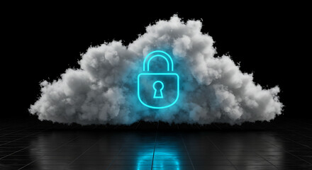 Secure Cloud Storage Concept: An emblematic image of a glowing digital lock superimposed upon a cloud of vapor, symbolizing security and privacy in the digital realm.
