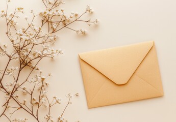 Minimal aesthetic background with envelope and dry floral branch on beige background. Wedding invitation template. Flat lay, top view, mock up, copy space .