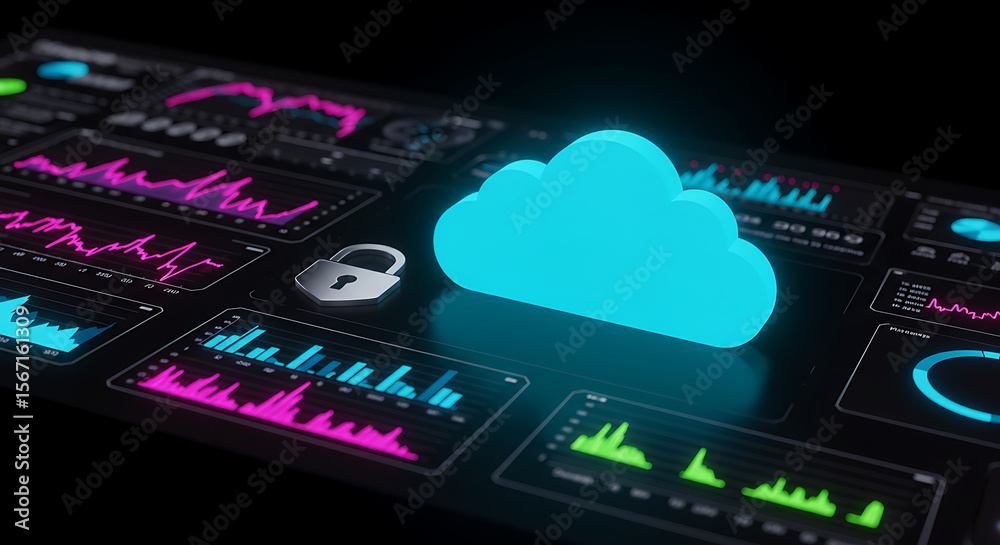 Poster cloud data security and management: a futuristic depiction of data security, with a glowing cloud ic