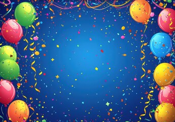 Multicolored carnival or birthday background on blue with a frame of colorful party balloons, streamers, confetti and candy.