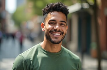 Fototapeta premium Young Latin man smiling outdoors at sunny day. Happy guy with cheerful expression enjoys city walk. Portrait of smiling attractive male, urban lifestyle, confidence, positive emotions.