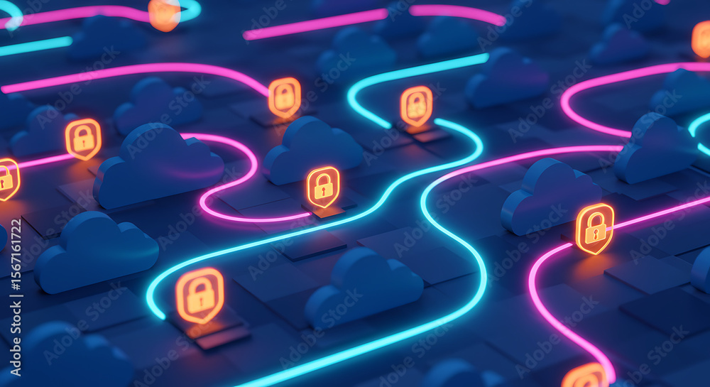 Poster secure cloud computing: a futuristic composition of digital clouds connected by luminous pathways, i