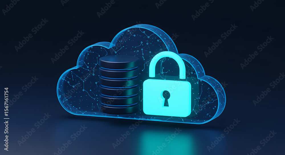 Poster digital fortress: a glowing padlock superimposed on a cloud with digital data servers, symbolizing r