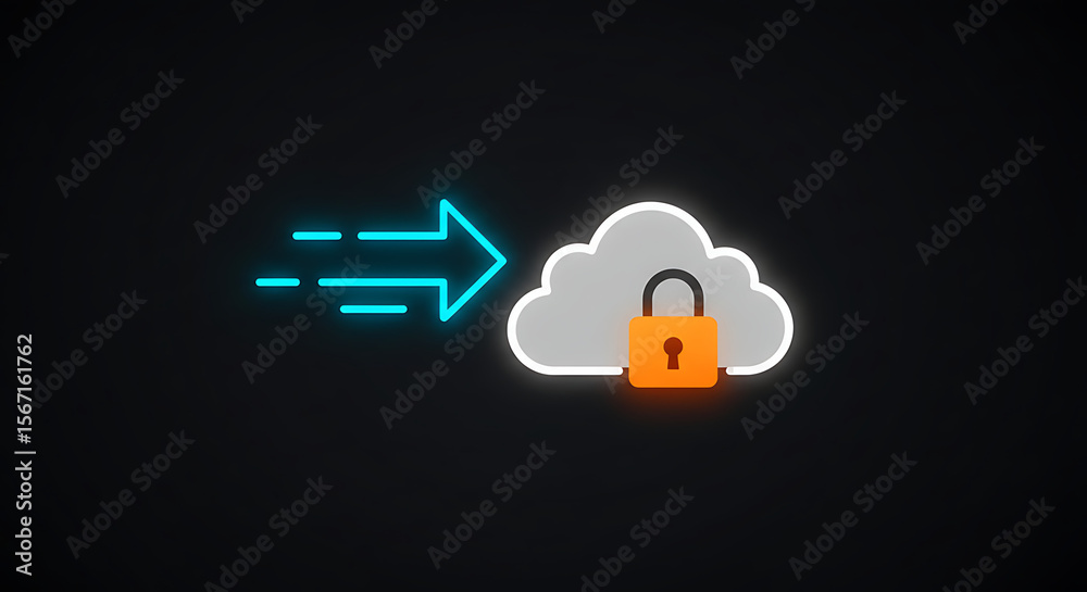 Poster secure cloud connection: a digital illustration of a cloud icon with a padlock, indicating secure da