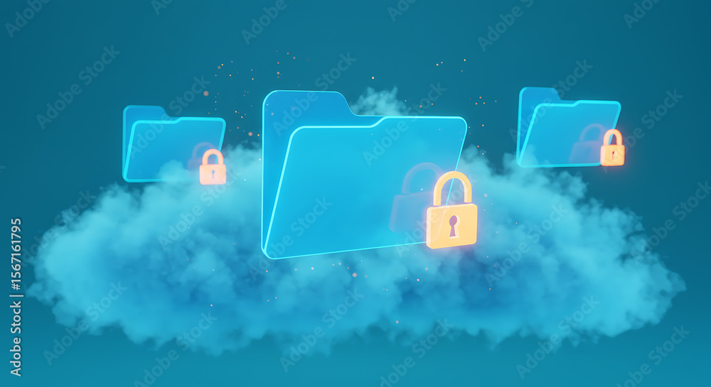 Poster secure cloud data: floating folders on a cloud with padlocks, symbolize the security and privacy of 