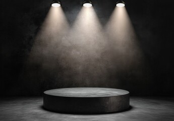Product showcase with spotlight. Black studio room background. Use as montage for product display
