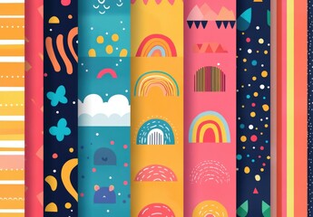 Rainbow vector geometric seamless patterns collection. Set of bright colorful backgrounds with modern minimal labels. Cute abstract geometrical textures. Simple pattern design for babies, kids, decor