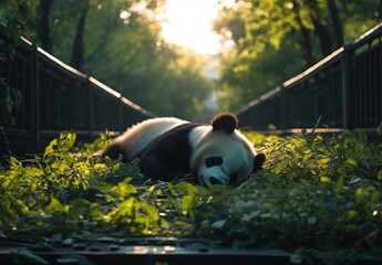 Relaxed panda bear basking sunlight bed fresh green grass serene park setting moment peace tranquility nature nap sleep chill relax wallpaper zoo cozy afternoon cute funny forest animal photography