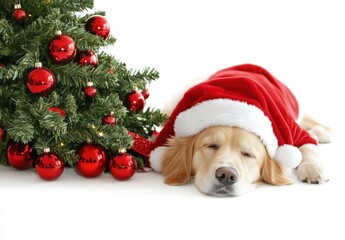 Santa dog! Golden Retriever dressed as Santa Claus, lying beside a decorated Christmas tree. White background offers space for holiday text, perfect for banners or promotions.