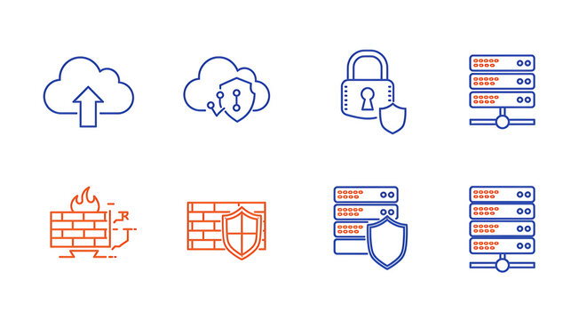 Cloud Computing Security Icons: A set of eight modern, line icons depicting various aspects of cloud computing security, including cloud upload, secure cloud storage, data encryption.