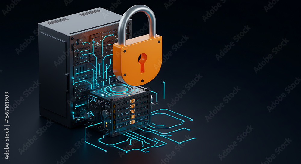 Poster secure server: a close-up shot features a server secured by a prominent padlock, set against a backd