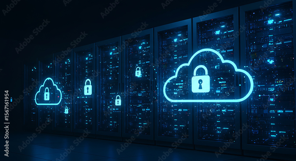 Fototapete secure cloud data center: a futuristic data center, cloud with lock icon on display on the rack, rep