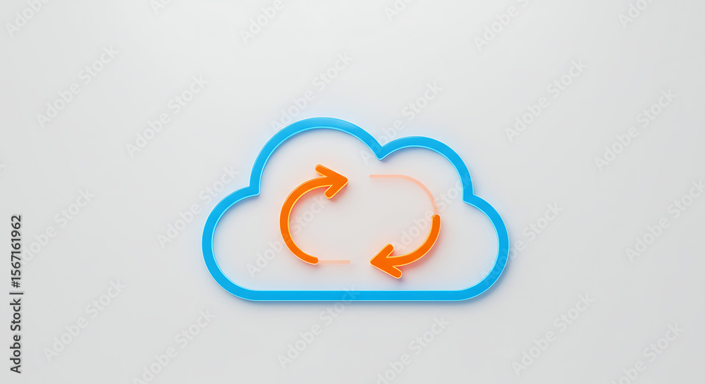 Fototapete Cloud Data Synchronization Icon: A minimalist, eye-catching icon representing cloud data synchronization, with a blue cloud outline encircling two orange arrows, on a clean background.