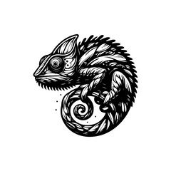 A detailed black and white illustration of a chameleon curled up, showcasing intricate patterns and textures.