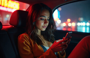 Latina woman using smartphone in car at night. Blurred city lights outside window. Passenger is in taxi, commuting. Modern tech, social media communication, lifestyle.