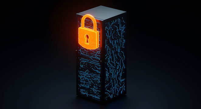 Cybersecurity Fortress: An abstract and modern depiction of a secure server, symbolized by a glowing padlock atop a digitally-etched tower.