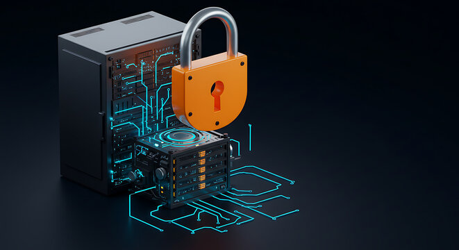 Secure Server: A close-up shot features a server secured by a prominent padlock, set against a backdrop of interconnected circuits, symbolizing data protection and cybersecurity.