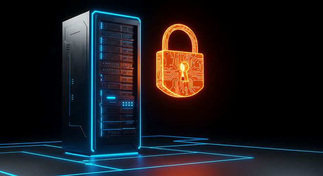 Cybersecurity Server Protection: A powerful server rack glows with vibrant blue light, secured by a digital padlock symbolizing robust data protection and network security.