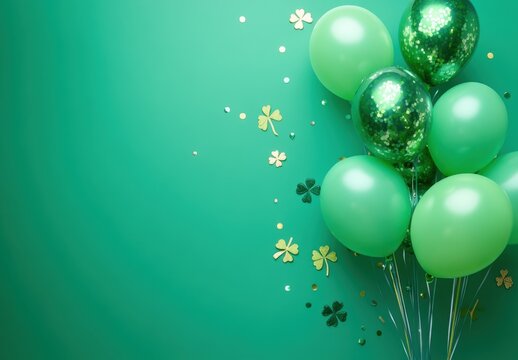 st patricks day balloons on green background with shamrocks confetti and clover, happy birthday party, christmas, empty space for text , banner, card, green balloons