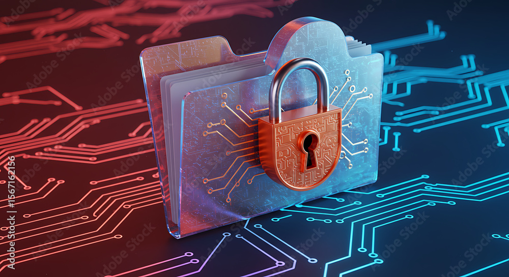Poster digital fortress: a symbolic representation of secure digital data, featuring a locked folder agains