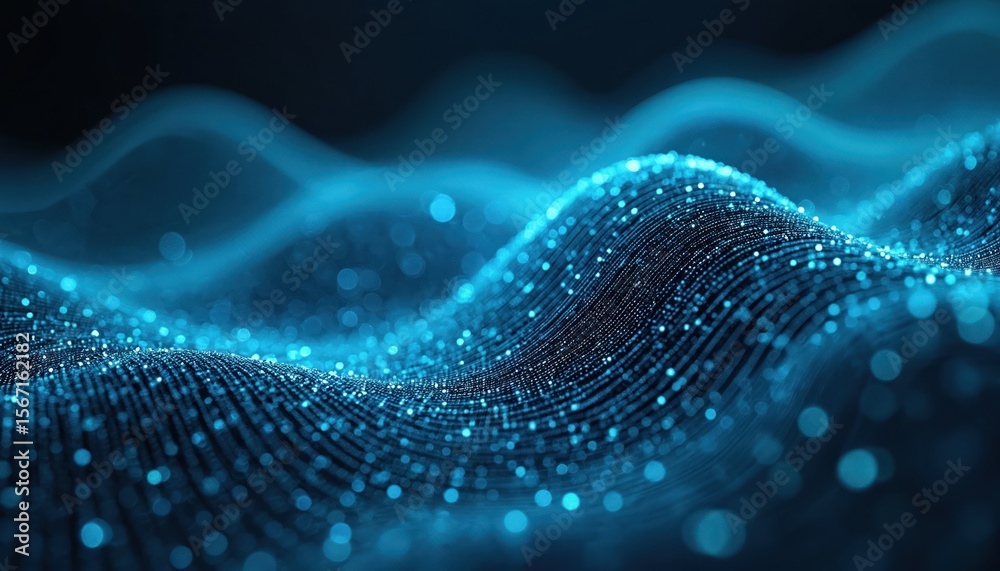 Poster abstract blue light grid forming flowing wave pattern. modern digital tech design background with gl
