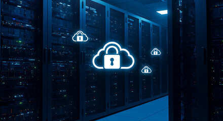 Cloud Data Security: Illuminated server room with virtual cloud security symbols, showcasing data safety and network protection.