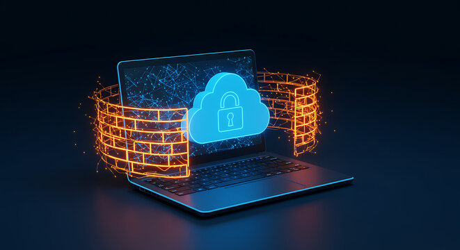 Digital Fortress: a luminous cloud emblem sits atop an opened laptop screen, surrounded by a defensive brick wall of safeguarding.