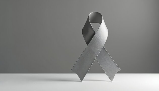 Grey ribbon symbol for Parkinson disease, brain cancer awareness. Concept of health care, charity, support, fight against illness. Gray ribbon isolated on white background. Copy space for text.