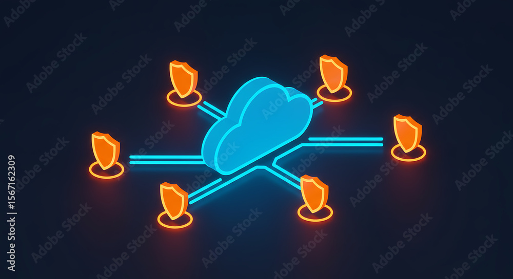 Poster cloud security and network shielding: abstract representation of cloud computing with a shield, emph