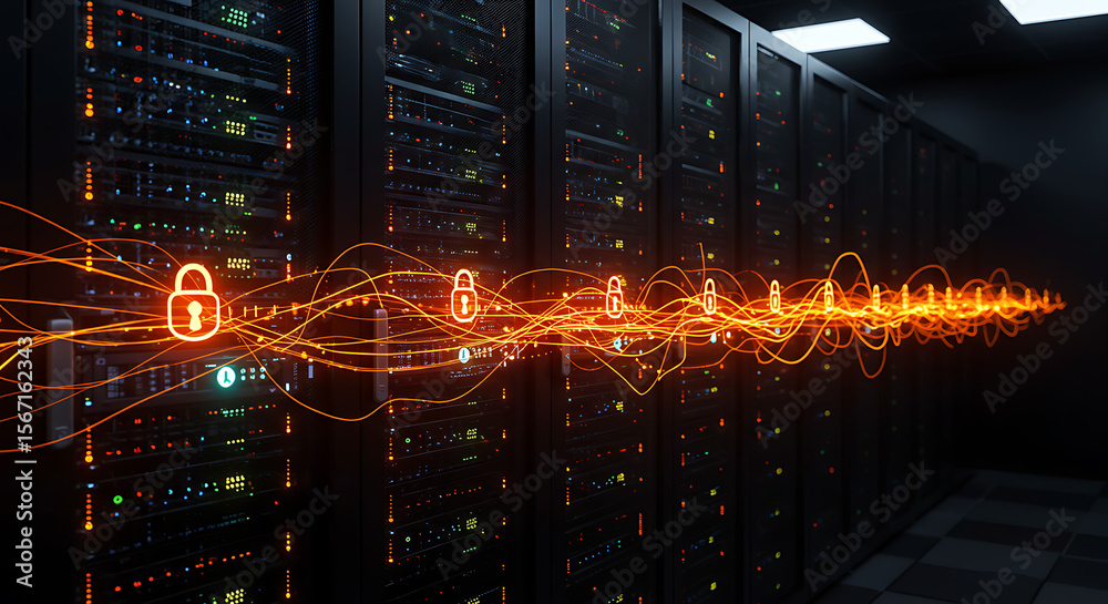 Poster server security shield: glowing data streams emanate from servers, each secured by a padlock, in a d