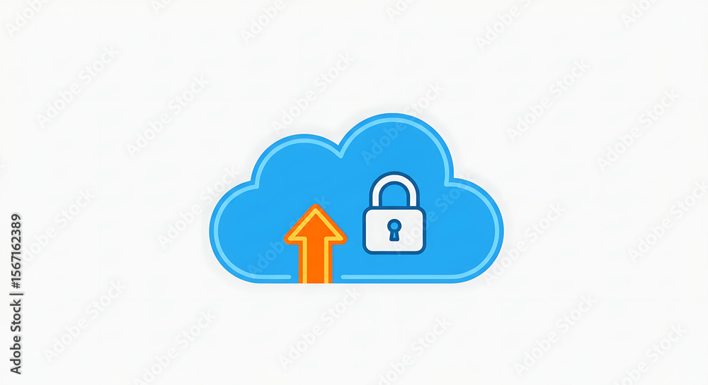 Poster secure cloud upload: a blue cloud icon with an upward arrow and a padlock symbolizes secure data sto