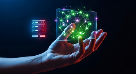 Web3 and decentralization concept. Hand holds a hologram of a decentralized network, contrasting with a centralized server icon.