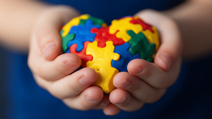An autism awareness theme captured by hands cradling a colourful puzzle heart expressing unity inclusion and compassion.
