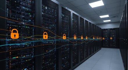 Cyber Fortress: Secure digital environment of a server room, symbolizing robust data protection and network safety in the era of cybersecurity.