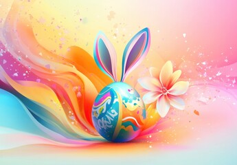 Vector Illustration of Happy Easter Holiday with Painted Egg, Rabbit Ears and Flower on Colorful Background. International Spring Celebration Design with Typography for Greeting Card, Party Invitation