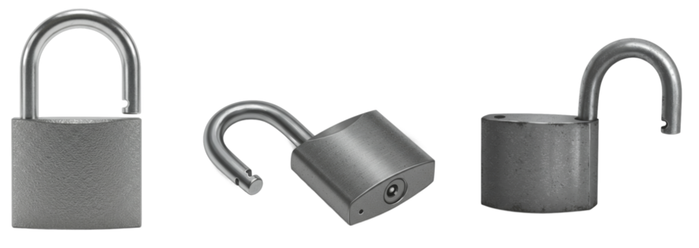 Security unlocked, featuring three gray metallic padlocks on a clean backdrop