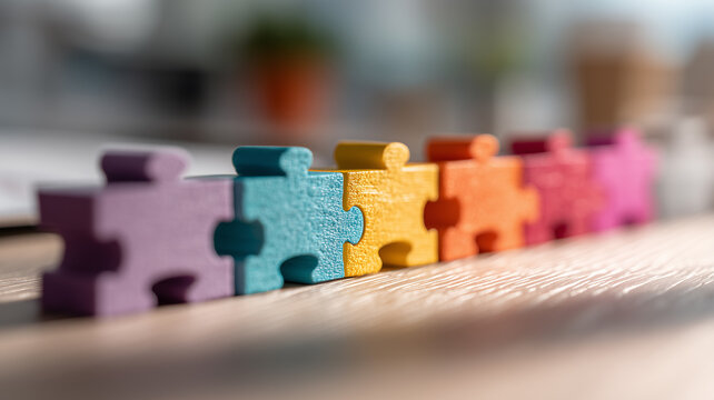A teamwork and problem solving idea shown by multicoloured puzzle pieces scattered across a wooden desk awaiting assembly.
