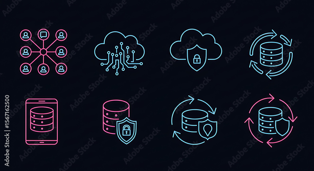 Poster digital data security: neon icons depicting network connectivity and data protection, a visual repre