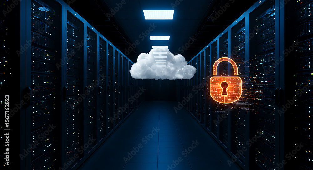 Poster data security in digital realm: an illuminated cloud floats within a server room, while a digital pa