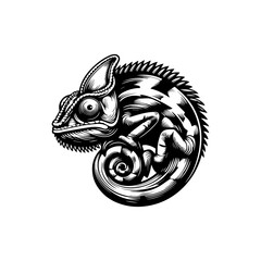 A stylized black and white illustration of a chameleon coiled in a circular pose.