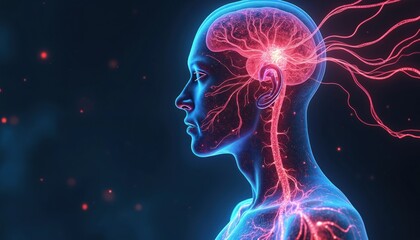 Futuristic abstract illustration of human brain nerve system, glowing energy lines, neon style. Conceptual science, tech, medicine, biology, healthcare. Medical research, innovation, neural network,