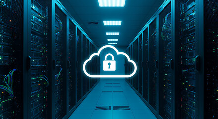 Cloud Security: The image embodies the concept of cloud security, depicting a secure, locked cloud icon within a server room, symbolizing data protection, safe data storage.
