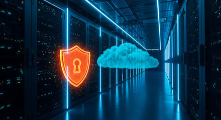 Digital Fortress: An illuminated cloud and shield with a lock symbol stands as a beacon of security, highlighting a data center where information is kept safe with modern technology.
