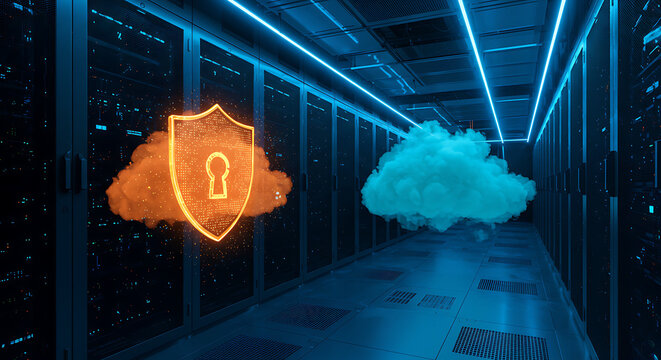 Cloud Data Security: Showcasing a digitally rendered image of data cloud security and a secure server room setting, with glowing data clouds, and a keyhole icon, it underscores data protection. 