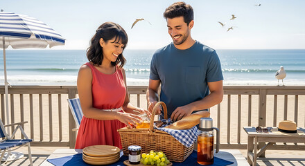 Happy young couple enjoying a picnic at the beach