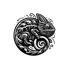 Black and white illustration of a chameleon coiled into a circular design.