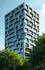 Modern building facade rhythmic windows pattern against green trees foliage. Urban architecture meets nature. Urban planning meets sustainable eco-friendly building, glass facade, sky background.