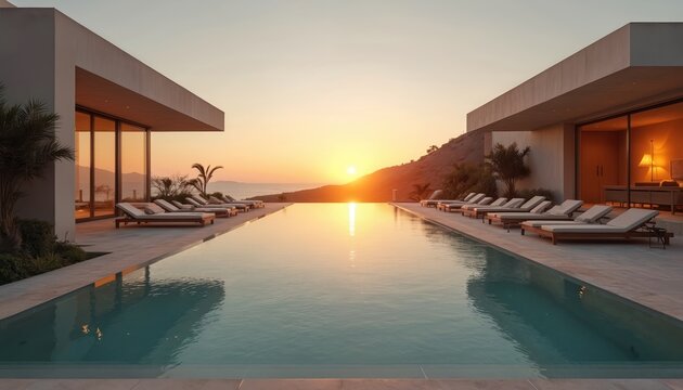 Luxury villa features swimming pool with sunbeds at sunset. Modern stylish design, tranquil evening scene at holiday resort. Serene atmosphere, relaxation, travel, leisure, exclusive escape to
